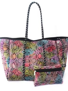 Multicolor Snake-Print Neoprene Tote Bag with Matching Pouch